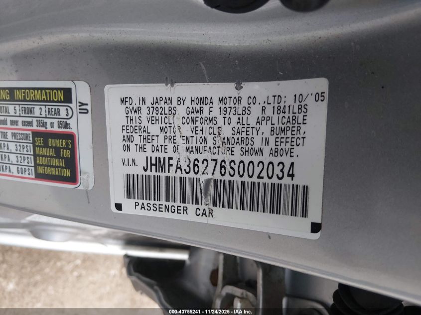 2006 Honda Civic Hybrid VIN: JHMFA36276S002034 Lot: 43755241