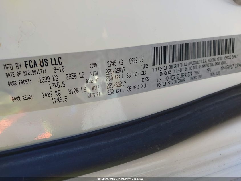 2018 Dodge Grand Caravan Sxt VIN: 2C4RDGCG7JR241574 Lot: 43755246