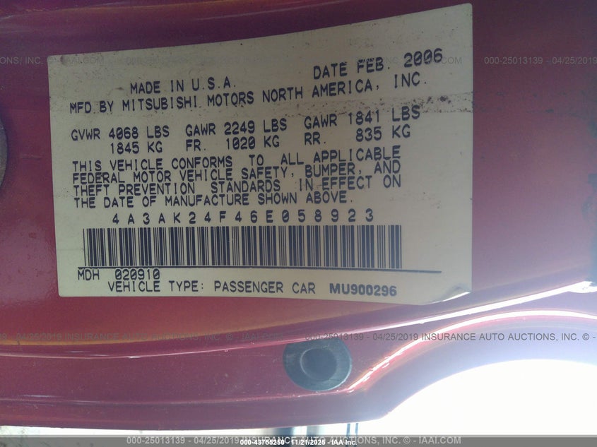 2006 Mitsubishi Eclipse Gs VIN: 4A3AK24F46E058923 Lot: 43755250