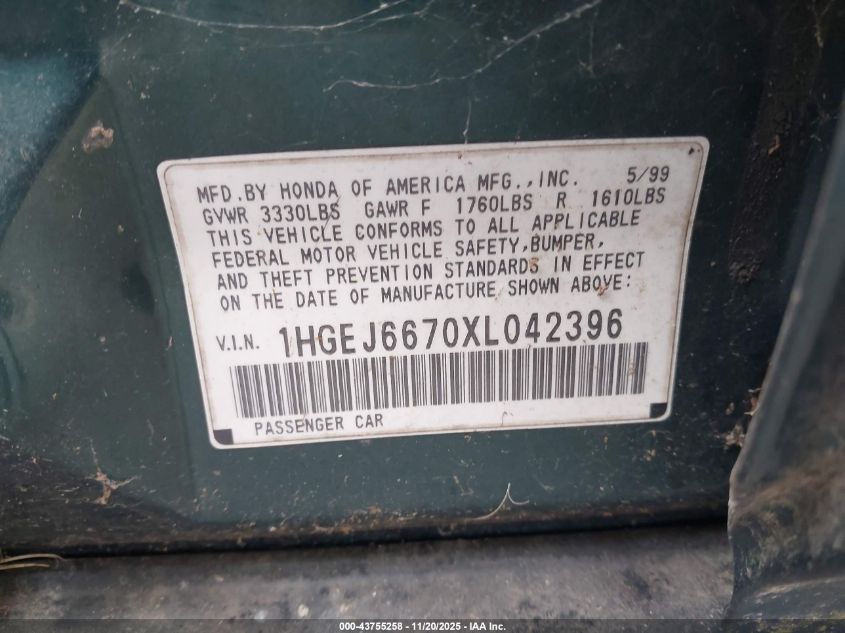 1999 Honda Civic Lx VIN: 1HGEJ6670XL042396 Lot: 43755258