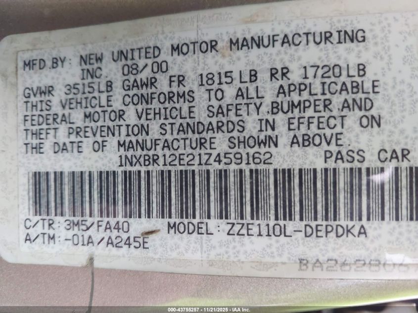 2001 Toyota Corolla Le VIN: 1NXBR12E21Z459162 Lot: 43755257