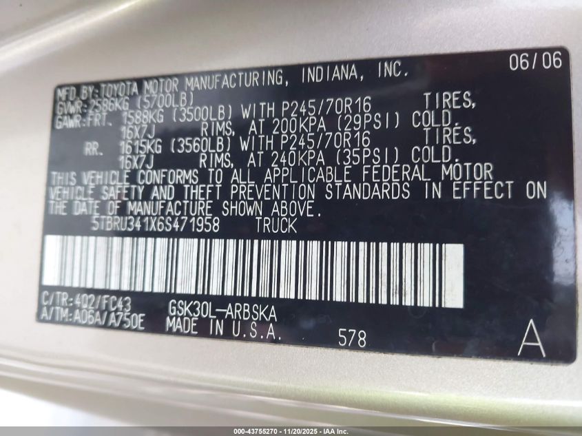 2006 Toyota Tundra Sr5 VIN: 5TBRU341X6S471958 Lot: 43755270