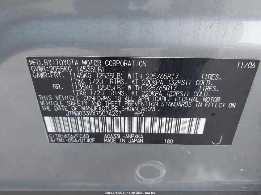 2007 Toyota Rav4 VIN: JTMBD33VX75074237 Lot: 43755275
