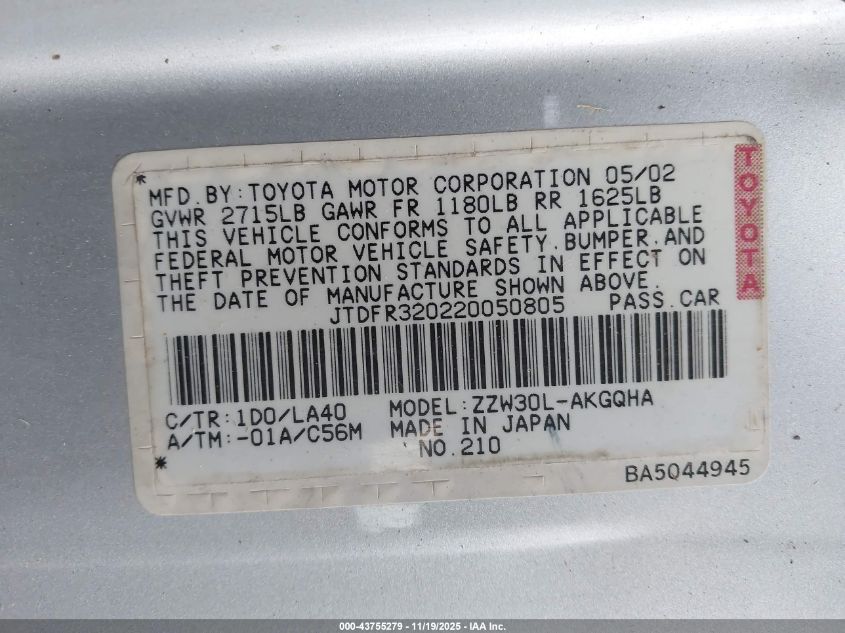 2002 Toyota Mr2 Spyder VIN: JTDFR320220050805 Lot: 43755279