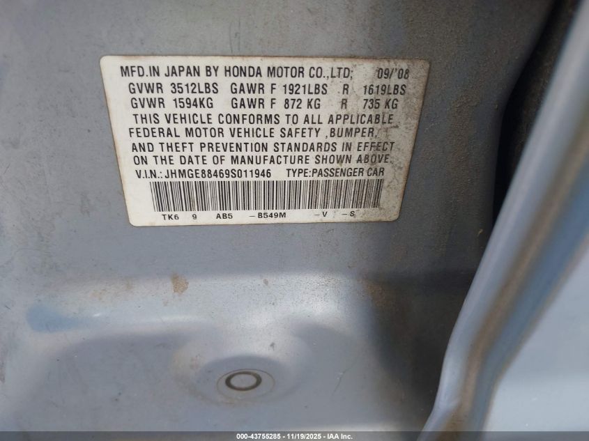 2009 Honda Fit Sport VIN: JHMGE88469S011946 Lot: 43755285
