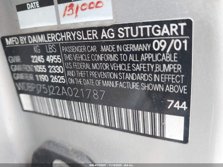 2002 Mercedes-Benz Cl 500 VIN: WDBPJ75J22A021787 Lot: 43755297