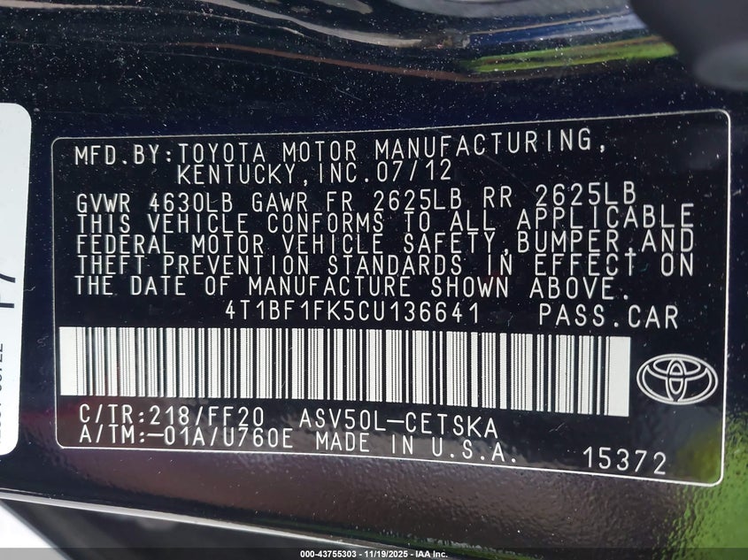 4T1BF1FK5CU136641 2012 TOYOTA CAMRY photo no. 9