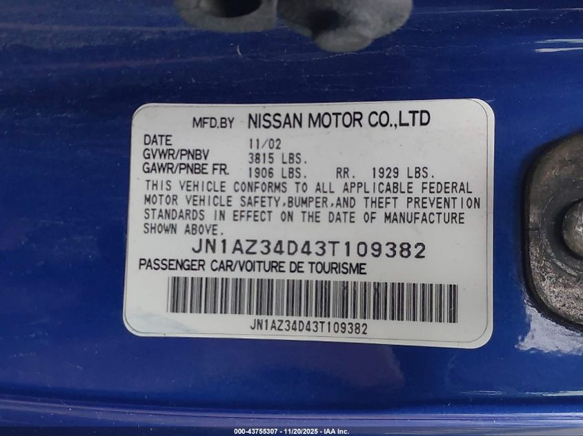 2003 Nissan 350Z VIN: JN1AZ34D43T109382 Lot: 43755307