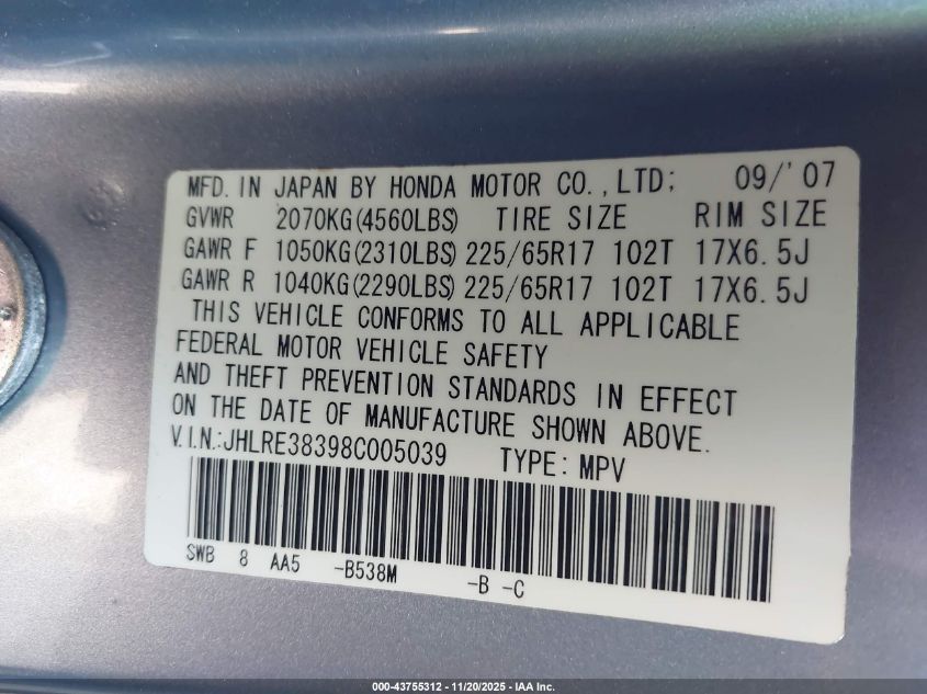 2008 Honda Cr-V Lx VIN: JHLRE38398C005039 Lot: 43755312