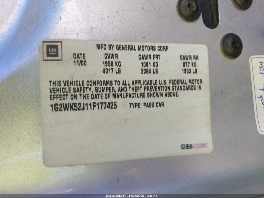 2001 Pontiac Grand Prix Se VIN: 1G2WK52J11F177425 Lot: 43755317