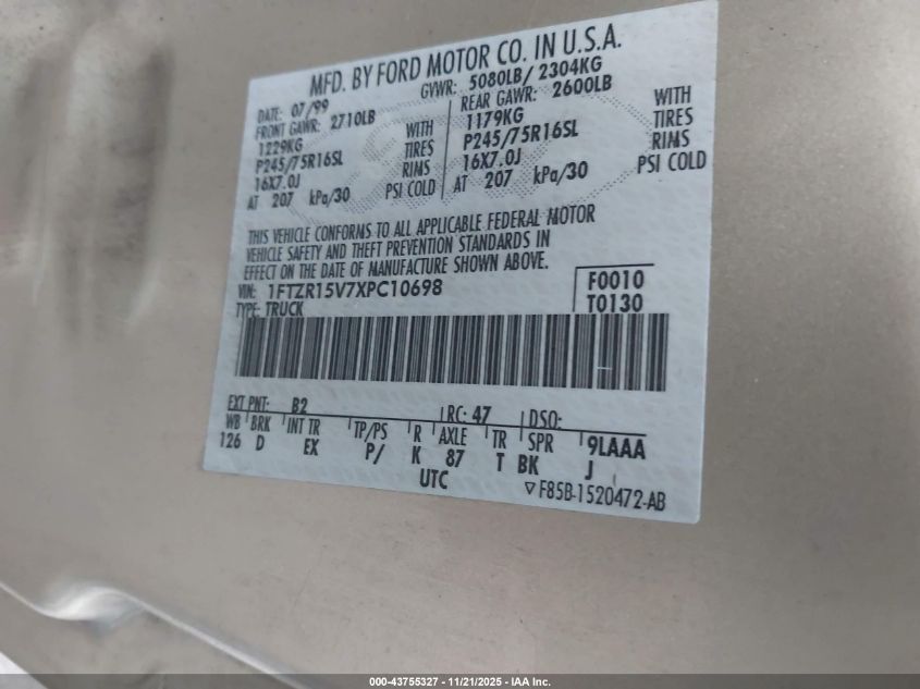 1999 Ford Ranger Xl/Xlt VIN: 1FTZR15V7XPC10698 Lot: 43755327