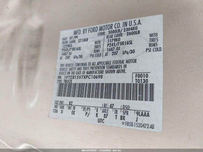 1999 Ford Ranger Xl/Xlt VIN: 1FTZR15V7XPC10698 Lot: 43755327