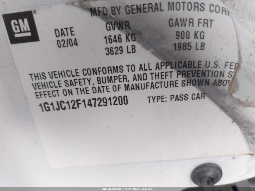 2004 Chevrolet Cavalier VIN: 1G1JC12F147291200 Lot: 43755340