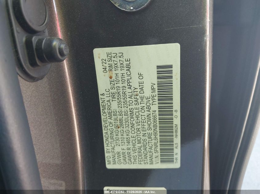 2022 Honda Odyssey Elite VIN: 5FNRL6H90NB066674 Lot: 43755354