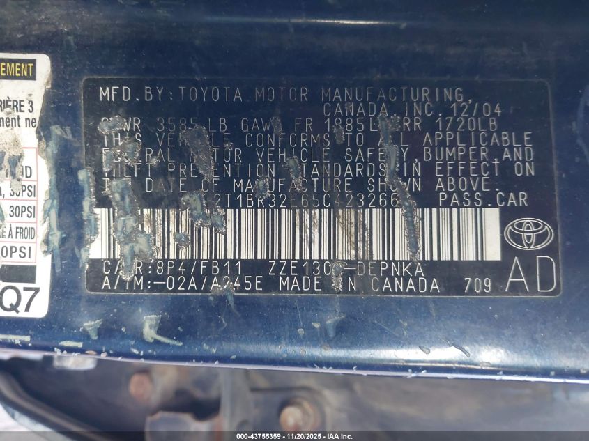 2005 Toyota Corolla Le VIN: 2T1BR32E65C423266 Lot: 43755359