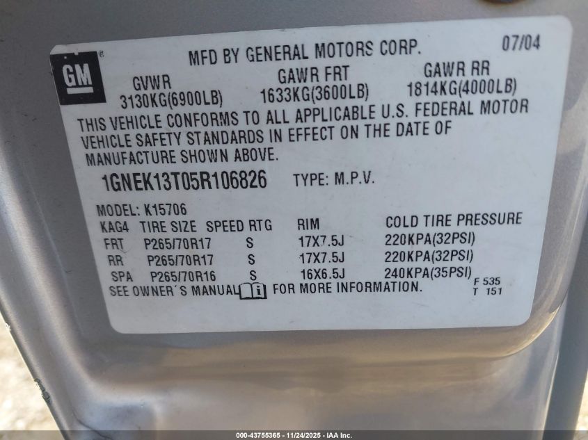 2005 Chevrolet Tahoe Lt VIN: 1GNEK13T05R106826 Lot: 43755365