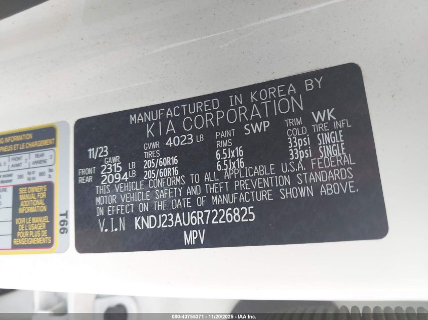 2024 Kia Soul Lx VIN: KNDJ23AU6R7226825 Lot: 43755371
