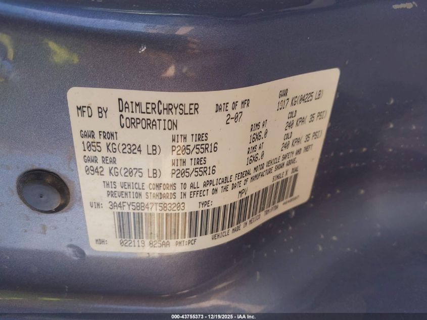 2007 Chrysler Pt Cruiser Touring VIN: 3A4FY58B47T583203 Lot: 43755373