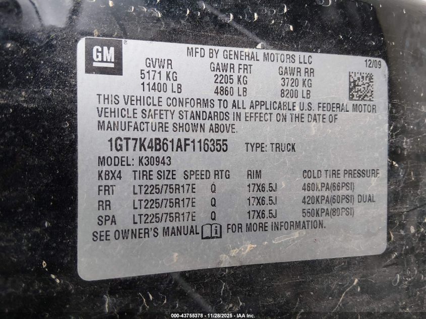 2010 GMC Sierra 3500Hd Slt VIN: 1GT7K4B61AF116355 Lot: 43755378