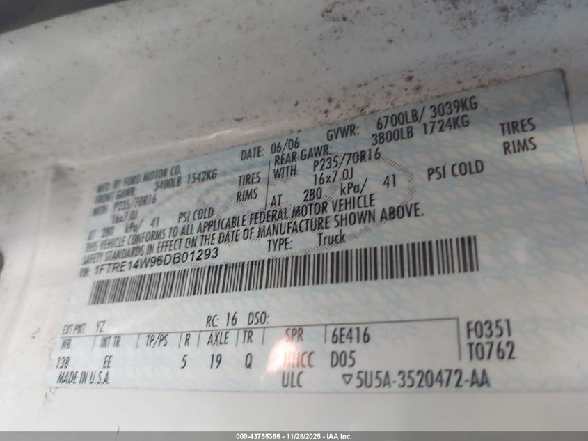 2006 Ford E-150 Commercial/Recreational VIN: 1FTRE14W96DB01293 Lot: 43755386