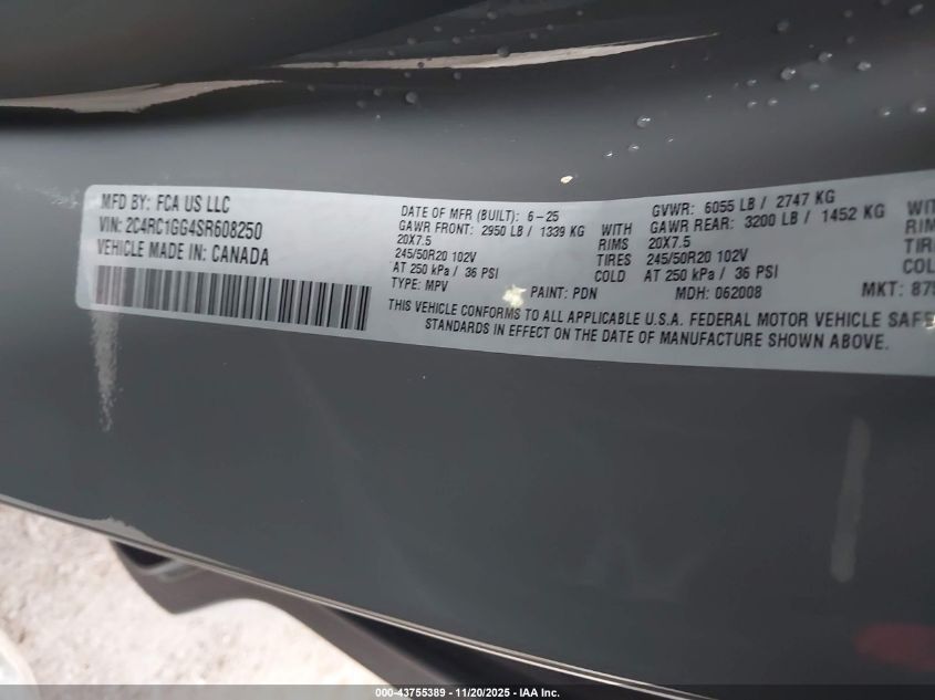 2025 Chrysler Pacifica Limited VIN: 2C4RC1GG4SR608250 Lot: 43755389