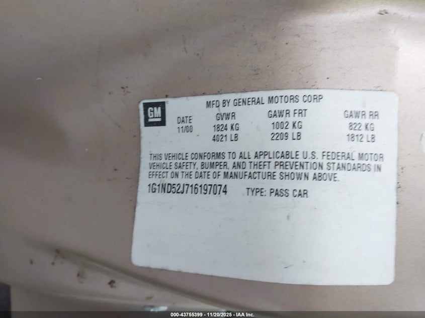 2001 Chevrolet Malibu VIN: 1G1ND52J716197074 Lot: 43755399