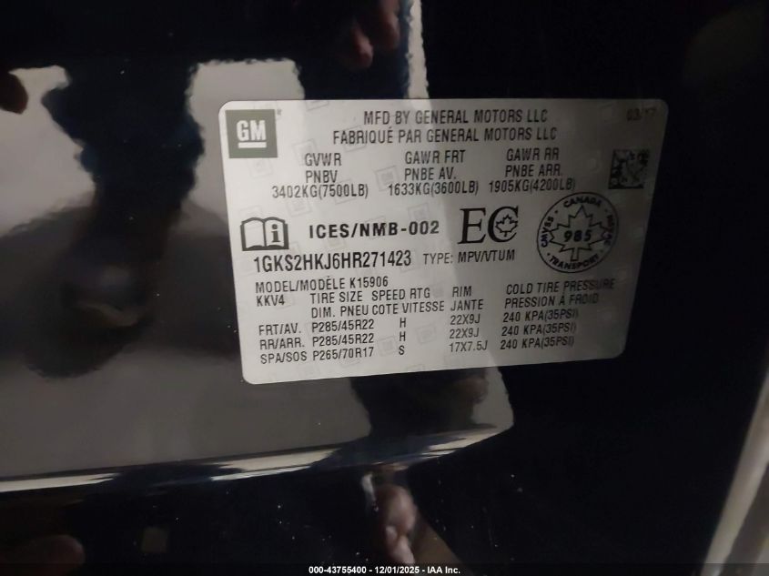 2017 GMC Yukon Xl Denali VIN: 1GKS2HKJ6HR271423 Lot: 43755400