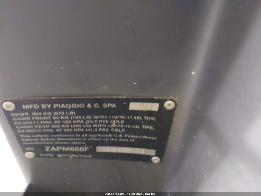 2012 Vespa Lx 150Ie VIN: ZAPM688F1C5400551 Lot: 43755406