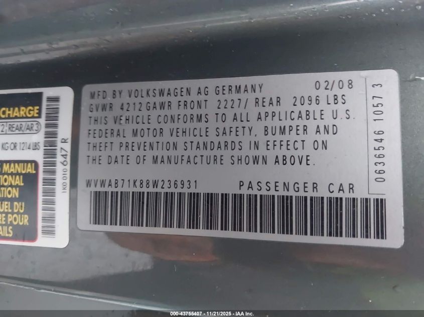 2008 Volkswagen Rabbit S VIN: WVWAB71K88W236931 Lot: 43755407