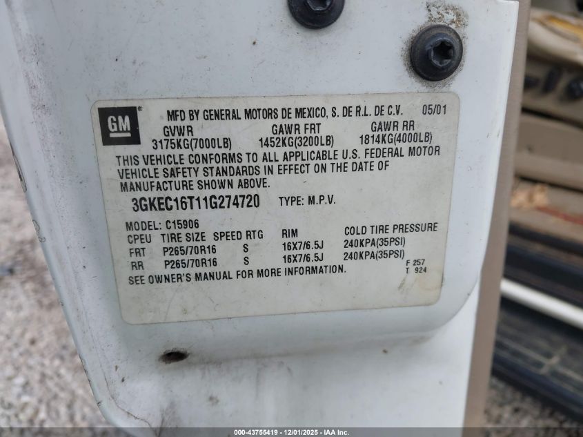 2001 GMC Yukon Xl 1500 Slt VIN: 3GKEC16T11G274720 Lot: 43755419