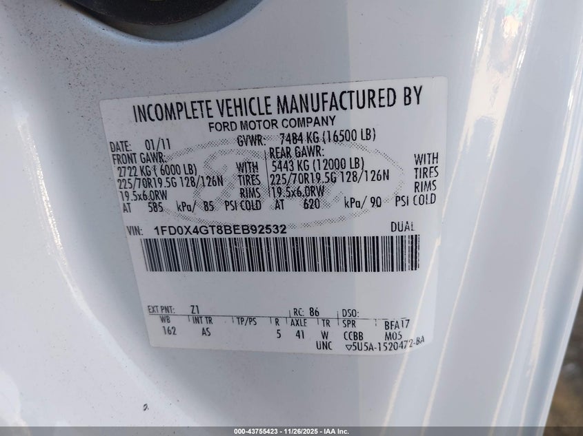 2011 Ford F-450 Chassis Xl VIN: 1FD0X4GT8BEB92532 Lot: 43755423