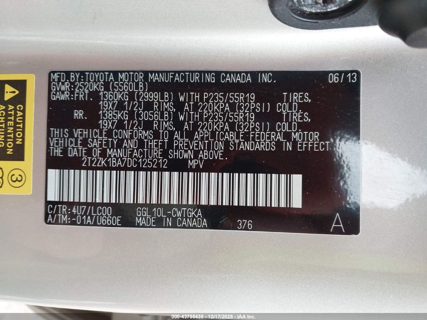 2013 Lexus Rx 350 VIN: 2T2ZK1BA7DC125212 Lot: 43755435