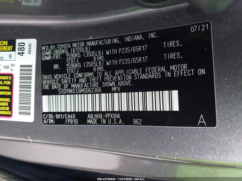 2021 Toyota Sienna Xle VIN: 5TDYRKEC6MS062366 Lot: 43755440