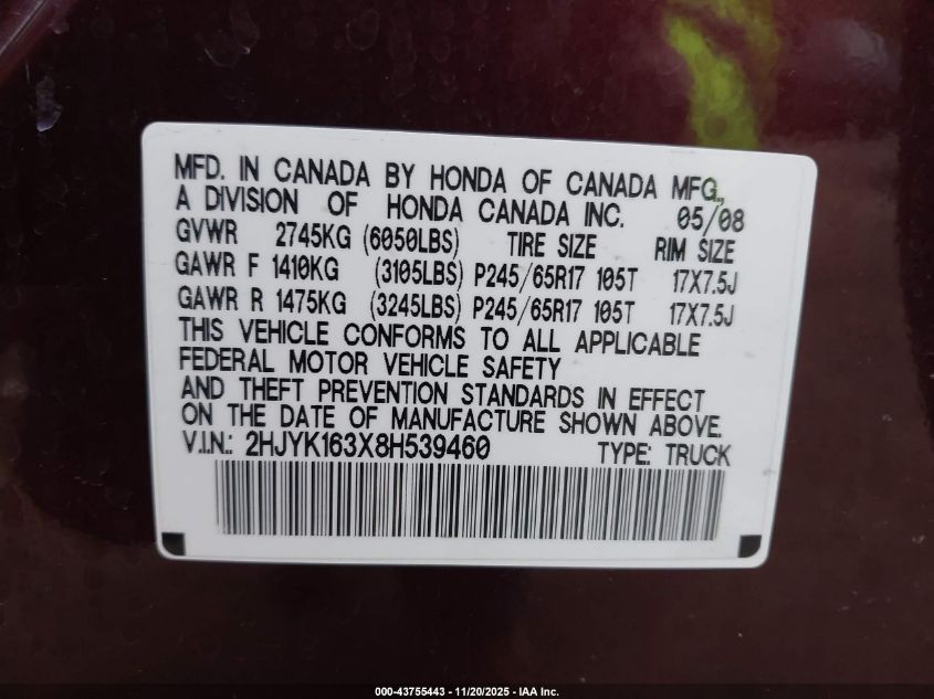 2008 Honda Ridgeline Rtx VIN: 2HJYK163X8H539460 Lot: 43755443