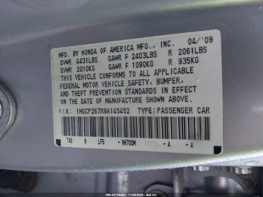2009 Honda Accord 2.4 Ex VIN: 1HGCP267X9A145452 Lot: 43755453