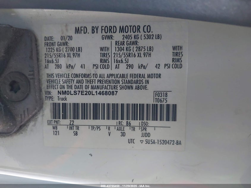 2020 Ford Transit Connect Xl VIN: NM0LS7E20L1468087 Lot: 43755458