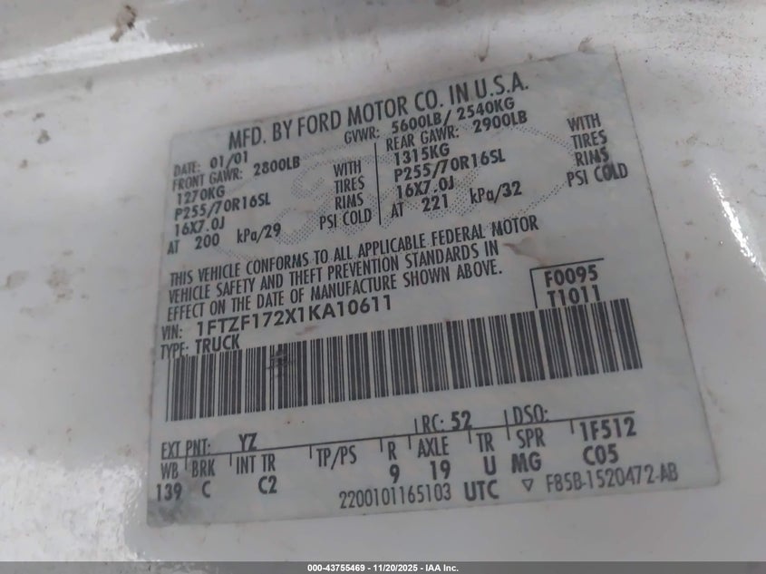 2001 Ford F-150 Xl/Xlt VIN: 1FTZF172X1KA10611 Lot: 43755469