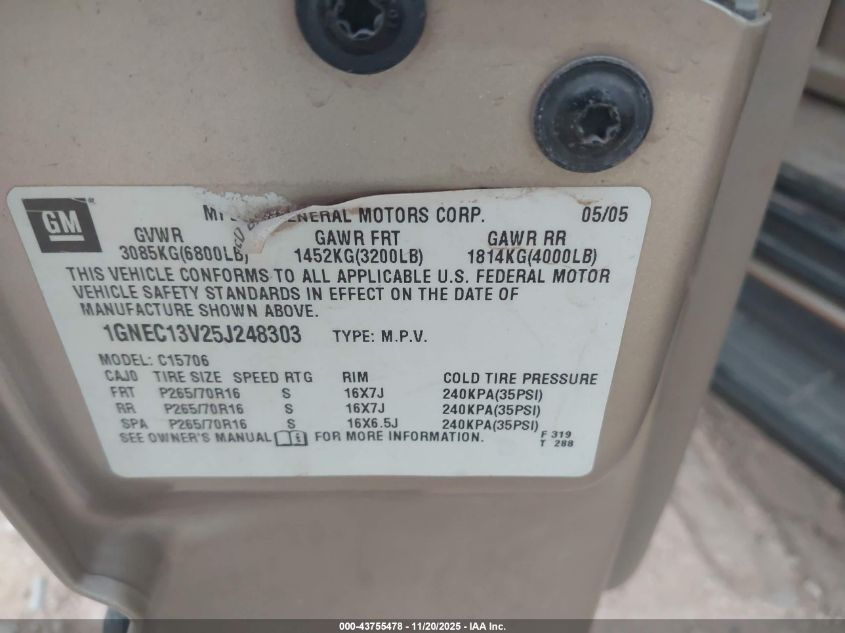2005 Chevrolet Tahoe Ls VIN: 1GNEC13V25J248303 Lot: 43755478