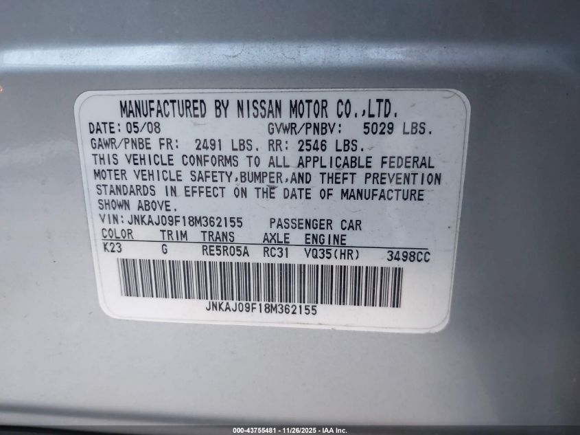 2008 Infiniti Ex35 Journey VIN: JNKAJ09F18M362155 Lot: 43755481