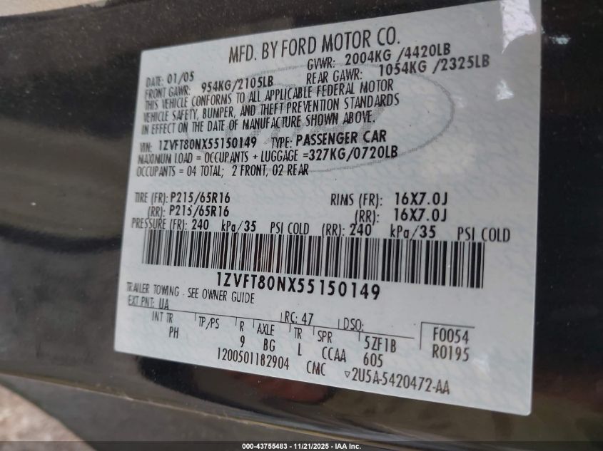 2005 Ford Mustang V6 Deluxe/V6 Premium VIN: 1ZVFT80NX55150149 Lot: 43755483