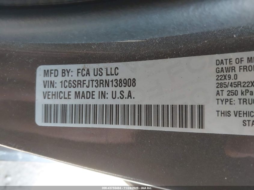 2024 Ram 1500 Laramie 4X4 5'7 Box VIN: 1C6SRFJT3RN138908 Lot: 43755484