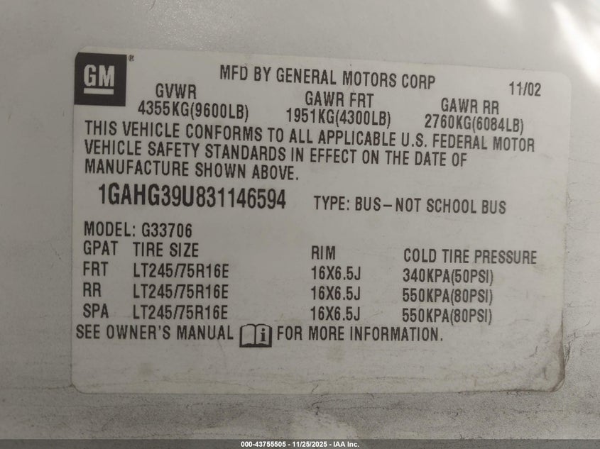 2003 Chevrolet Express VIN: 1GAHG39U831146459 Lot: 43755505