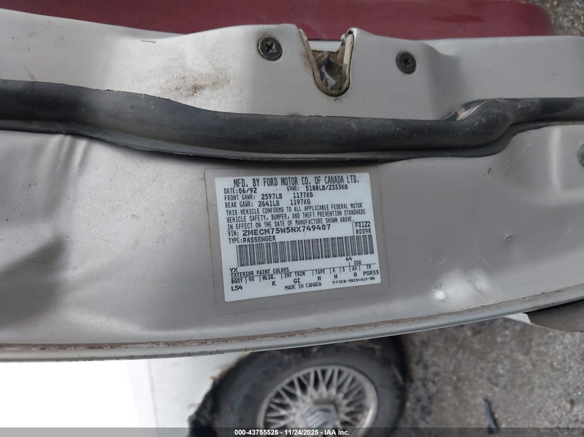 1992 Mercury Grand Marquis Ls VIN: 2MECM75W5NX749407 Lot: 43755525