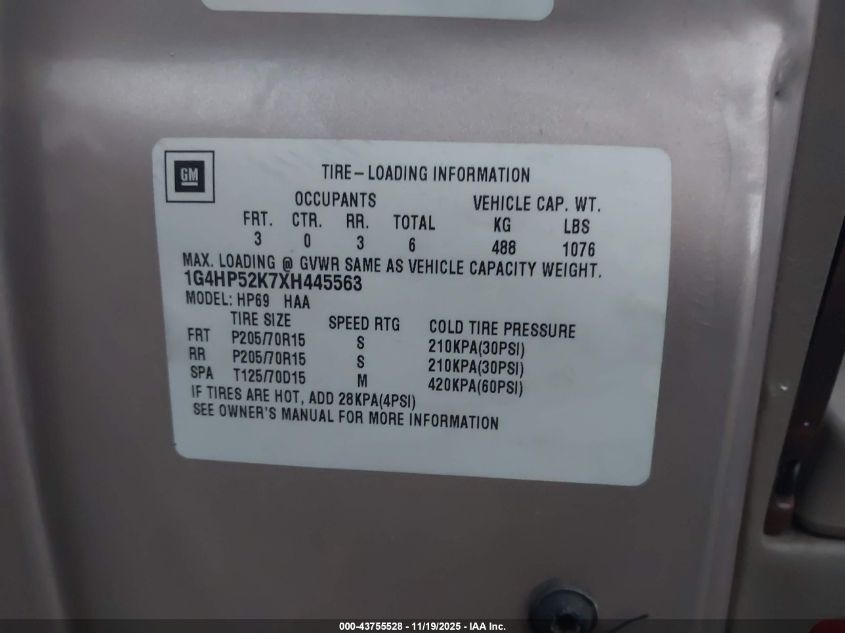 1999 Buick Lesabre Custom VIN: 1G4HP52K7XH445563 Lot: 43755528