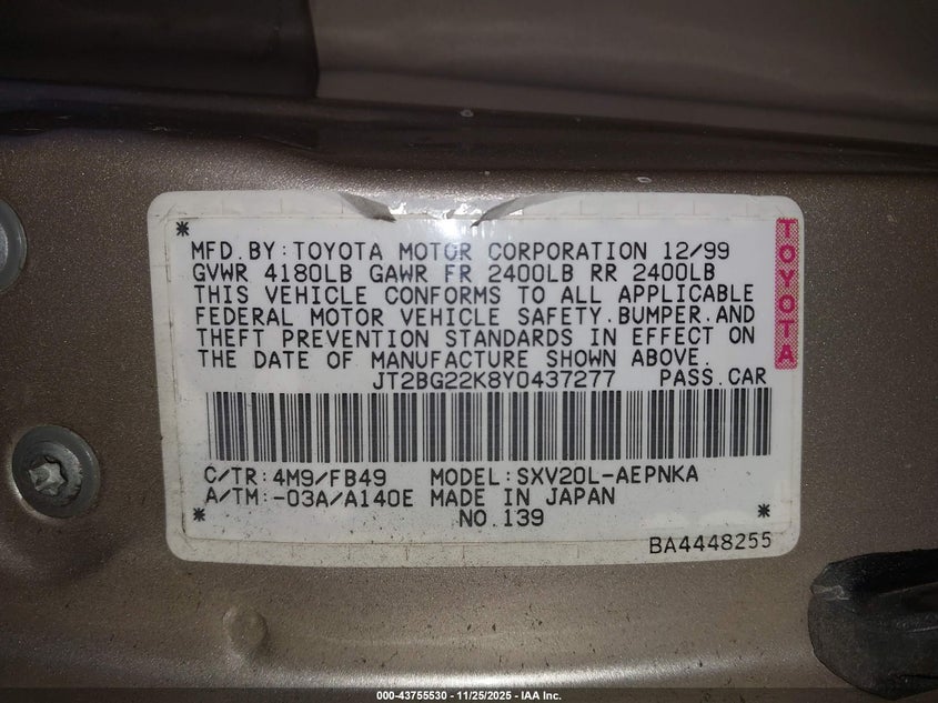 2000 Toyota Camry Le VIN: JT2BG22K8Y0437277 Lot: 43755530