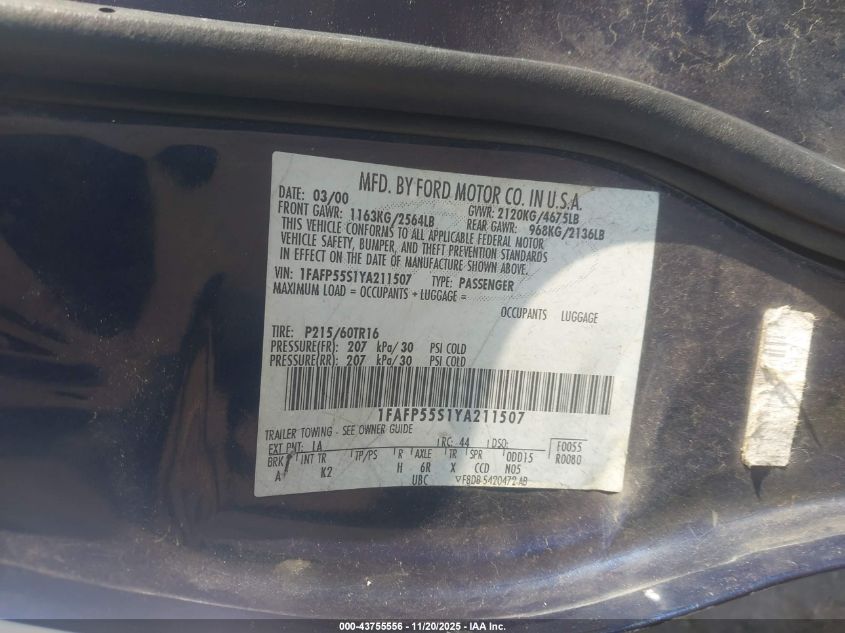 2000 Ford Taurus Ses VIN: 1FAFP55S1YA211507 Lot: 43755556