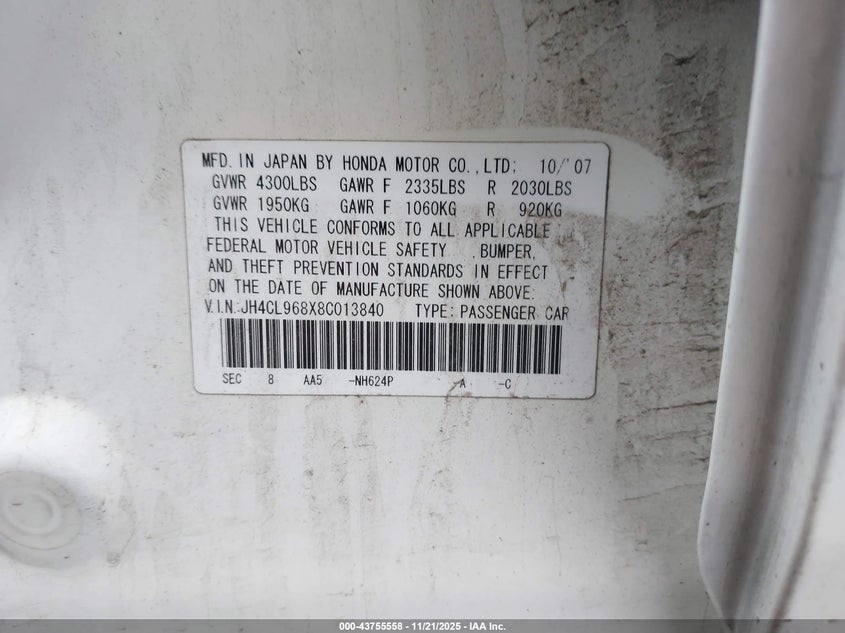 2008 Acura Tsx VIN: JH4CL968X8C013840 Lot: 43755558