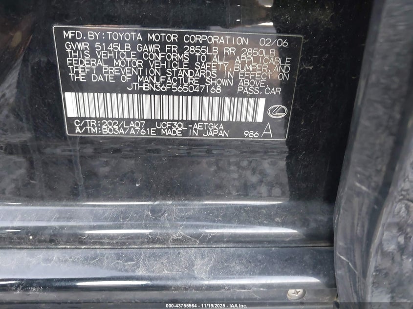 2006 Lexus Ls 430 VIN: JTHBN36F565047168 Lot: 43755564