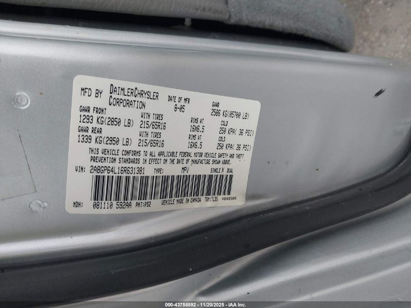 2006 Chrysler Town & Country Limited VIN: 2A8GP64L16R631381 Lot: 43755592