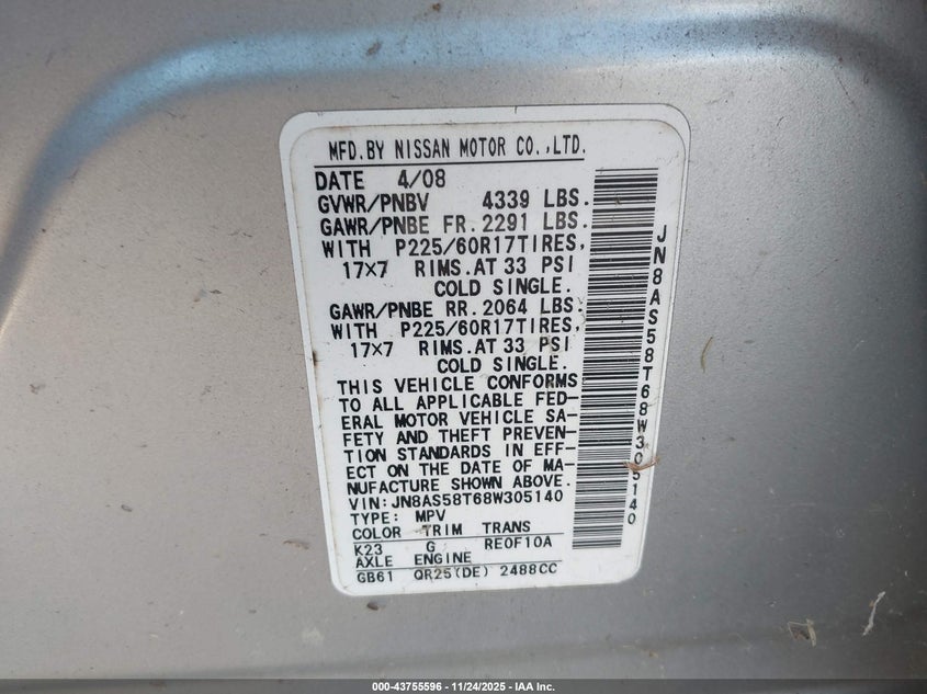 2008 Nissan Rogue Sl VIN: JN8AS58T68W305140 Lot: 43755596